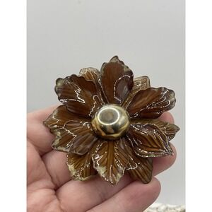 Vintage Large Flower Power Brown Enamel and Gold Tone Brooch Pin 2.5" Wide